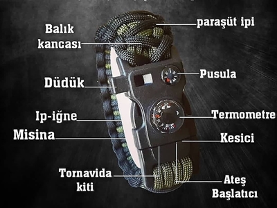 HAN Taktikal 12 Farklı Özellik Barındıran Haki Siyah Paracord -  Yaşam Bilekliği